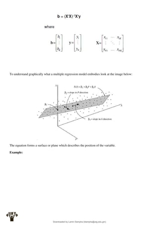 To understand graphically what a multiple regression model embodies look at the image below:
The equation forms a surface or plane which describes the position of the variable.
Example:
Downloaded by Lamin Dampha (ldampha@utg.edu.gm)
lOMoARcPSD|2941205
 