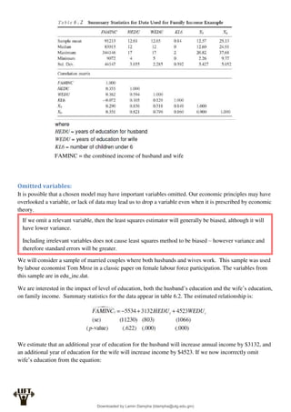 Omitted variables:
It is possible that a chosen model may have important variables omitted. Our economic principles may have
overlooked a variable, or lack of data may lead us to drop a variable even when it is prescribed by economic
theory.
We will consider a sample of married couples where both husbands and wives work. This sample was used
by labour economist Tom Mroz in a classic paper on female labour force participation. The variables from
this sample are in edu_inc.dat.
We are interested in the impact of level of education, both the husband’s education and the wife’s education,
on family income. Summary statistics for the data appear in table 6.2. The estimated relationship is:
We estimate that an additional year of education for the husband will increase annual income by $3132, and
an additional year of education for the wife will increase income by $4523. If we now incorrectly omit
wife’s education from the equation:
FAMINC = the combined income of husband and wife
If we omit a relevant variable, then the least squares estimator will generally be biased, although it will
have lower variance.
Including irrelevant variables does not cause least squares method to be biased – however variance and
therefore standard errors will be greater.
Downloaded by Lamin Dampha (ldampha@utg.edu.gm)
lOMoARcPSD|2941205
 