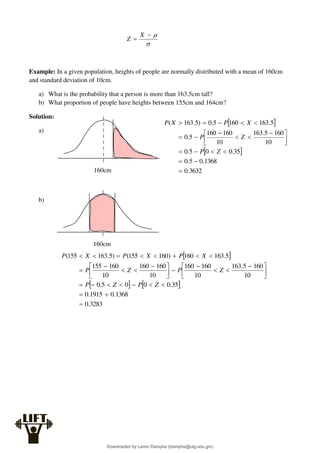



X
Z
Example: In a given population, heights of people are normally distributed with a mean of 160cm
and standard deviation of 10cm.
a) What is the probability that a person is more than 163.5cm tall?
b) What proportion of people have heights between 155cm and 164cm?
Solution:
a)
b)
160cm
 
 
3632
.
0
1368
.
0
5
.
0
35
.
0
0
5
.
0
10
160
5
.
163
10
160
160
5
.
0
5
.
163
160
5
.
0
)
5
.
163
(












 










Z
P
Z
P
X
P
X
P
160cm
 
   
3283
.
0
1368
.
0
1915
.
0
35
.
0
0
0
5
.
0
10
160
5
.
163
10
160
160
10
160
160
10
160
155
5
.
163
160
)
160
155
(
)
5
.
163
155
(















 









 












Z
P
Z
P
Z
P
Z
P
X
P
X
P
X
P
Downloaded by Lamin Dampha (ldampha@utg.edu.gm)
lOMoARcPSD|2941205
 