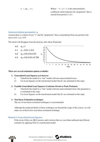 t
t
t v
e
e 
 1
 Where: 1
1 

  is the autocorrelation
coefficient which indicates teh “proportion” that is
carried from period t-1 to t.
Autocorrelation parameter: ρ
Assume there is a shock of size “1” and the “proportion” that is remembered from one period to the
next is 0.9. i.e ρ = 0.9.
The shock will disappear from the memory after about 40 periods.
There are several estimation options available:
1. Generalised Least Squares (ρ is known)
i) Transform the model to a “star” model with non-autocorrelated errors
ii) Use Least Squares on the transformed model (the β’s are estimated in this step)
2. Feasible Generalised Least Squares (Cochrane-Orcutt or Prais-Weinsten)
i) Transform the model to a “star” model with non-autocorrelated errors (the parameter ρ
is estimated in this step)
ii) Use Least Squares on the transformed model (the β’s are estimated in this step)
3. Non-linear Estimation techniques
The use of non-linear estimation techniques is recommended.
Although the technical details of these techniques are beyond the scope of this course, we will
make use of the Eviews non-linear estimation technique.
Method 1: Generalised Least Squares
If the errors follow an AR(1) process and is known then we can obtain unbiased and efficient
estimates by applying OLS to a transformed model:
Downloaded by Lamin Dampha (ldampha@utg.edu.gm)
lOMoARcPSD|2941205
 