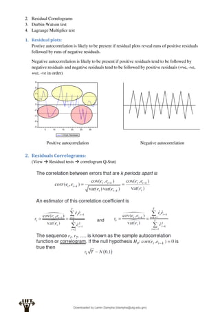 2. Residual Correlograms
3. Durbin-Watson test
4. Lagrange Multiplier test
1. Residual plots:
Postive autocorrelation is likely to be present if residual plots reveal runs of positive residuals
followed by runs of negative residuals.
Negative autocorrelation is likely to be present if positive residuals tend to be followed by
negative residuals and negative residuals tend to be followed by positive residuals (+ve, -ve,
+ve, -ve in order)
2. Residuals Correlograms:
(View  Residual tests  correlogram Q-Stat)
Positive autocorrelation Negative autocorrelation
Downloaded by Lamin Dampha (ldampha@utg.edu.gm)
lOMoARcPSD|2941205
 