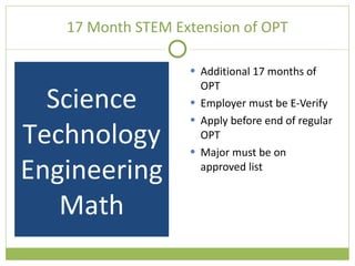 17 Month STEM Extension of OPT Additional 17 months of OPT Employer must be E-Verify Apply before end of regular OPT Major must be on approved list Science Technology Engineering  Math 