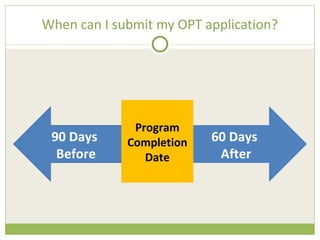 When can I submit my OPT application? Program Completion Date 90 Days  Before 60 Days  After 