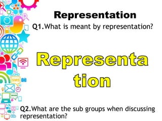 Representation
Q1.What is meant by representation?
Q2.What are the sub groups when discussing
representation?
 