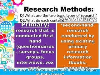 Research Methods:
Q1.What are the two basic types of research?
Q2.What do each contain?
 