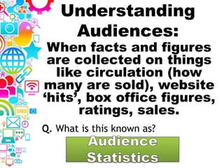 Understanding
Audiences:
When facts and figures
are collected on things
like circulation (how
many are sold), website
‘hits’, box office figures,
ratings, sales.
Q. What is this known as?
 