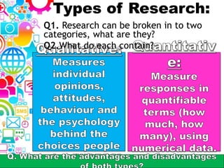 Types of Research:
Q1. Research can be broken in to two
categories, what are they?
Q2.What do each contain?
 