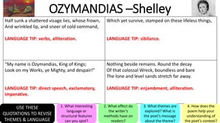 OZYMANDIAS –Shelley
Half sunk a shattered visage lies, whose frown,
And wrinkled lip, and sneer of cold command,
LANGUAGE TIP: verbs, alliteration.
Which yet survive, stamped on these lifeless things,
LANGUAGE TIP: sibilance.
“My name is Ozymandias, King of Kings;
Look on my Works, ye Mighty, and despair!”
LANGUAGE TIP: direct speech, exclamatory,
imperative.
Nothing beside remains. Round the decay
Of that colossal Wreck, boundless and bare
The lone and level sands stretch far away.
LANGUAGE TIP: enjambment, alliteration.
USE THESE
QUOTATIONS TO REVISE
THEMES & LANGUAGE
1. What interesting
language or
structural features
can you spot?
2. What effect do
the writer’s
methods have on
readers?
3. What themes are
explored? What is
the poet’s message
about the theme?
4. How does the
poem help your
understanding of
the poet’s context?
 