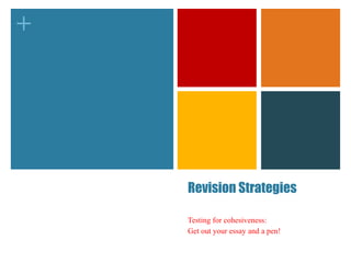 +




    Revision Strategies

    Testing for cohesiveness:
    Get out your essay and a pen!
 