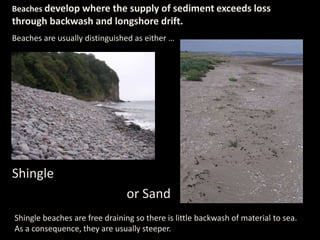 Beaches develop where the supply of sediment exceeds loss
through backwash and longshore drift.
Beaches are usually distinguished as either …
Shingle
or Sand
Shingle beaches are free draining so there is little backwash of material to sea.
As a consequence, they are usually steeper.
 