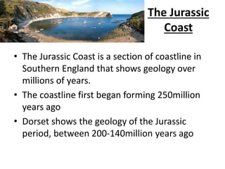 The Jurassic
Coast
• The Jurassic Coast is a section of coastline in
Southern England that shows geology over
millions of years.
• The coastline first began forming 250million
years ago
• Dorset shows the geology of the Jurassic
period, between 200-140million years ago
 