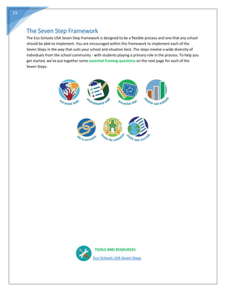 23
The Seven Step Framework
The Eco-Schools USA Seven Step framework is designed to be a flexible process and one that any school
should be able to implement. You are encouraged within this framework to implement each of the
Seven Steps in the way that suits your school and situation best. The steps involve a wide diversity of
individuals from the school community - with students playing a primary role in the process. To help you
get started, we’ve put together some essential framing questions on the next page for each of the
Seven Steps.
TOOLS AND RESOURCES
Eco-Schools USA Seven Steps
 