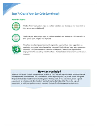 33
Step 7: Create Your Eco-Code (continued)
Award Criteria
The Eco-Action Team gathers input on a school-wide basis and develops an Eco-Code which is
then agreed upon and adopted
The Eco-Action Team gathers input on a school-wide basis and develops an Eco-Code which is
then agreed upon, adopted and displayed
The whole school and greater community is given the opportunity to make suggestions on
developing (or refining and enhancing) the Eco-Code | The Eco-Action Team takes suggestions,
refines the Eco-Code and takes to full school for adoption | The Eco-Code is prominently
displayed for all to see as they enter the school | The Eco-Code is reviewed every year to ensure
relevancy
How can you help?
When an Eco-Action Team is trying to come up with an Eco-Code it is a good chance for them to think
about the wider environmental and sustainability issues impacting their city, state, nation and globe.
Help students to develop their critical and systems thinking skills. If you are artistic, this is a great
opportunity to help students develop their poetic, lyrical and artistic skills. This is also a great
opportunity to get the school community involved, through Eco-Code development contests.
 