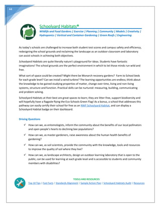 44
Schoolyard Habitats®
Wildlife and Food Gardens | Exercise | Planning | Community | Models | Creativity |
Hydroponics | Vertical and Container Gardening | Green Roofs | Engineering
As today’s schools are challenged to increase both student test scores and campus safety and efficiency,
redesigning the school grounds and reclaiming the landscape as an outdoor classroom and laboratory
can assist schools in achieving both objectives.
Schoolyard Habitats are quite literally nature’s playground for ideas. Students have fantastic
imaginations! The school grounds are the perfect environment in which to let those minds run wild and
free.
What sort of space could be created? Might there be Monarch recovery gardens? Farm to School beds
for each grade level? Can we install a wind turbine? The learning opportunities are endless; think about
the knowledge to be gained studying properties of matter, change over time, living and non‐living
systems, structure and function. Practical skills can be nurtured: measuring, building, communicating
and problem solving.
Schoolyard Habitats at their best are great spaces to learn; they are litter‐free, support biodiversity and
will hopefully have a flagpole flying the Eco‐Schools Green Flag! As a bonus, a school that addresses this
pathway can easily certify their school for free as an NWF Schoolyard Habitat, and can display a
Schoolyard Habitat badge on their dashboard.
Driving Questions
 How can we, as entomologists, inform the community about the benefits of our local pollinators
and open people’s hearts to declining bee populations?
 How can we, as master gardeners, raise awareness about the human health benefits of
gardening?
 How can we, as soil scientists, provide the community with the knowledge, tools and resources
to improve the quality of soil where they live?
 How can we, as landscape architects, design an outdoor learning laboratory that is open to the
public, can be used for learning at each grade level and is accessible to students and community
members with disabilities?
TOOLS AND RESOURCES
Top 10 Tips | Fast Facts | Standards Alignment | Sample Action Plan | Schoolyard Habitats Audit | Resources
 