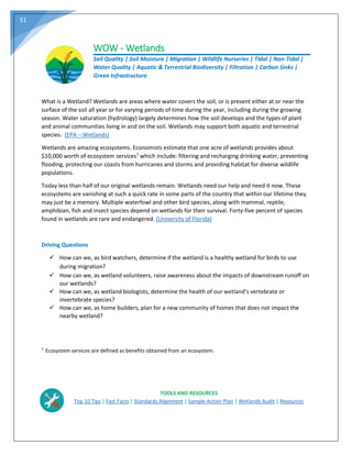 51
WOW - Wetlands
Soil Quality | Soil Moisture | Migration | Wildlife Nurseries | Tidal | Non-Tidal |
Water Quality | Aquatic & Terrestrial Biodiversity | Filtration | Carbon Sinks |
Green Infrastructure
What is a Wetland? Wetlands are areas where water covers the soil, or is present either at or near the
surface of the soil all year or for varying periods of time during the year, including during the growing
season. Water saturation (hydrology) largely determines how the soil develops and the types of plant
and animal communities living in and on the soil. Wetlands may support both aquatic and terrestrial
species. (EPA – Wetlands)
Wetlands are amazing ecosystems. Economists estimate that one acre of wetlands provides about
$10,000 worth of ecosystem services7
which include: filtering and recharging drinking water, preventing
flooding, protecting our coasts from hurricanes and storms and providing habitat for diverse wildlife
populations.
Today less than half of our original wetlands remain. Wetlands need our help and need it now. These
ecosystems are vanishing at such a quick rate in some parts of the country that within our lifetime they
may just be a memory. Multiple waterfowl and other bird species, along with mammal, reptile,
amphibian, fish and insect species depend on wetlands for their survival. Forty-five percent of species
found in wetlands are rare and endangered. (University of Florida)
Driving Questions
 How can we, as bird watchers, determine if the wetland is a healthy wetland for birds to use
during migration?
 How can we, as wetland volunteers, raise awareness about the impacts of downstream runoff on
our wetlands?
 How can we, as wetland biologists, determine the health of our wetland’s vertebrate or
invertebrate species?
 How can we, as home builders, plan for a new community of homes that does not impact the
nearby wetland?
7
Ecosystem services are defined as benefits obtained from an ecosystem.
TOOLS AND RESOURCES
Top 10 Tips | Fast Facts | Standards Alignment | Sample Action Plan | Wetlands Audit | Resources
 