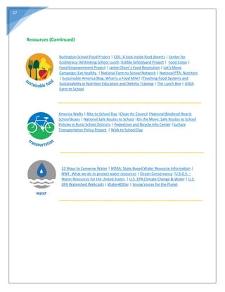 57
Resources (Continued)
Burlington School Food Project | CDC: A look inside food deserts | Center for
Ecoliteracy: Rethinking School Lunch |Edible Schoolyard Project | Food Corps |
Food Empowerment Project | Jamie Oliver’s Food Revolution | Let’s Move
Campaign: Eat Healthy | National Farm to School Network | National PTA: Nutrition
| Sustainable America Blog: What is a Food Mile? |Teaching Food Systems and
Sustainability in Nutrition Education and Dietetic Training | The Lunch Box | USDA
Farm to School
America Walks | Bike to School Day |Clean Air Council |National Biodiesel Board:
School Buses | National Safe Routes to School |On the Move: Safe Routes to School
Policies in Rural School Districts | Pedestrian and Bicycle Info Center |Surface
Transportation Policy Project | Walk to School Day
33 Ways to Conserve Water | NOAA: State-Based Water Resource Information |
NWF: What we do to protect water resources | Ocean Conservancy |U.S.G.S. –
Water Resources for the United States | U.S. EPA Climate Change & Water | U.S.
EPA Watershed Webcasts | Water4Otter | Young Voices for the Planet
 