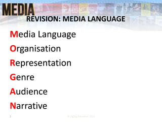 Media Language
Organisation
Representation
Genre
Audience
Narrative
1
REVISION: MEDIA LANGUAGE
© ZigZag Education 2015
 