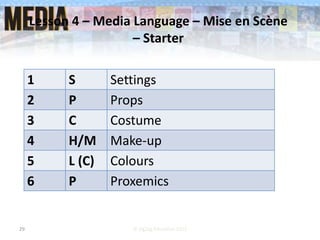 29
Lesson 4 – Media Language – Mise en Scène
– Starter
1 S Settings
2 P Props
3 C Costume
4 H/M Make-up
5 L (C) Colours
6 P Proxemics
© ZigZag Education 2015
 