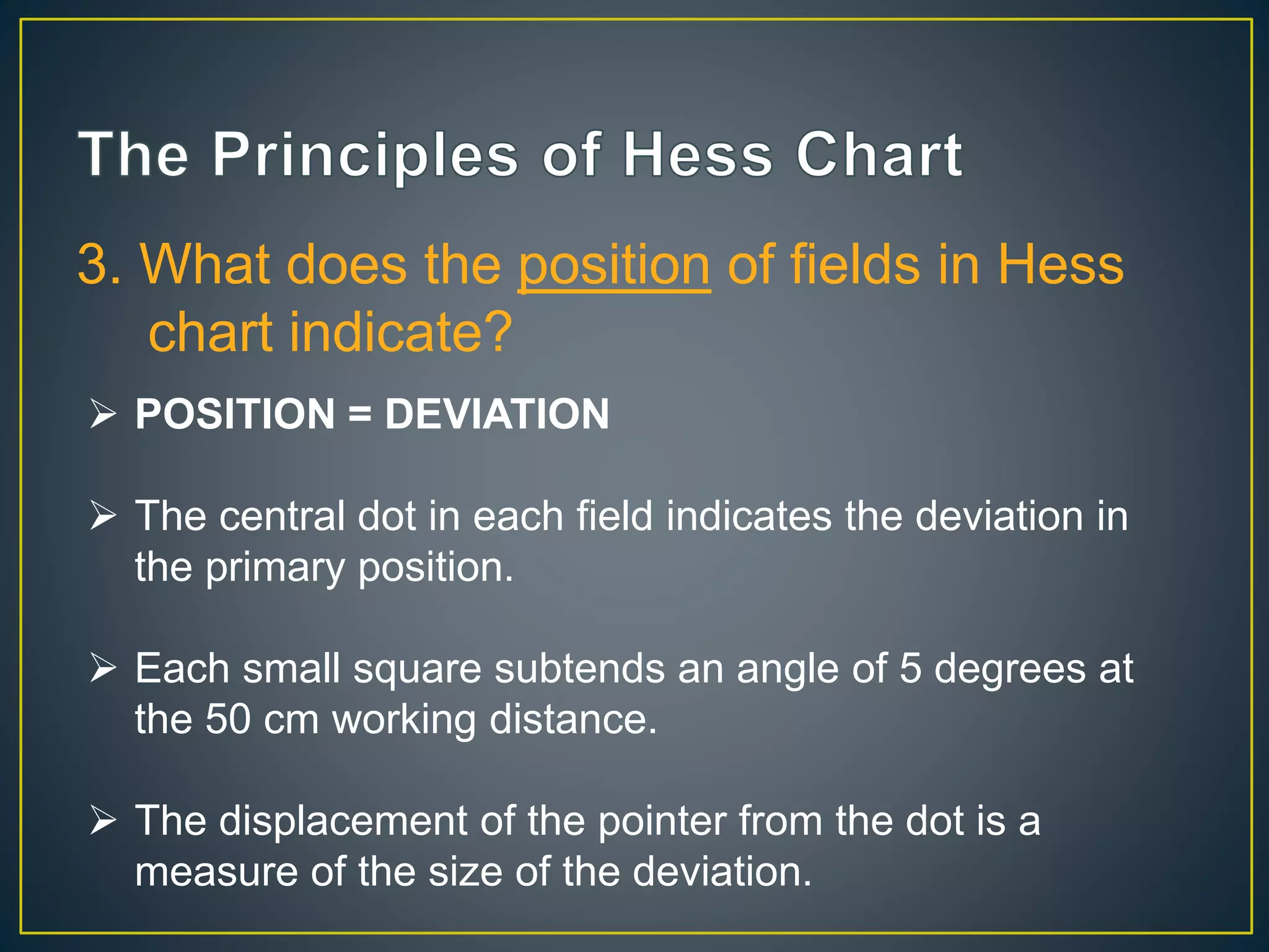 3. What does the position of fields in Hess
chart indicate?
 POSITION = DEVIATION
 The central dot in each field indicates the deviation in
the primary position.
 Each small square subtends an angle of 5 degrees at
the 50 cm working distance.
 The displacement of the pointer from the dot is a
measure of the size of the deviation.
 