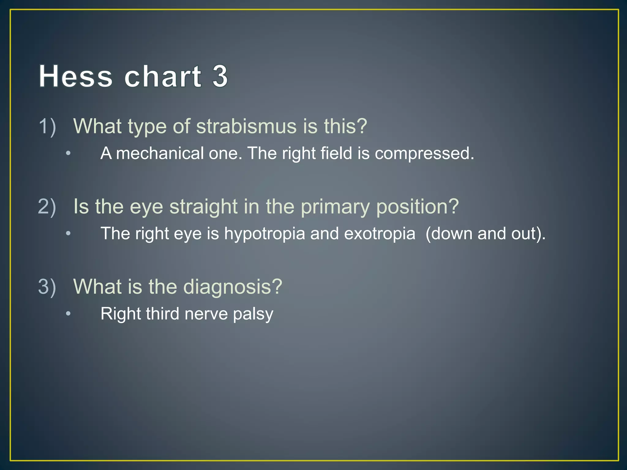 1) What type of strabismus is this?
• A mechanical one. The right field is compressed.
2) Is the eye straight in the primary position?
• The right eye is hypotropia and exotropia (down and out).
3) What is the diagnosis?
• Right third nerve palsy
 