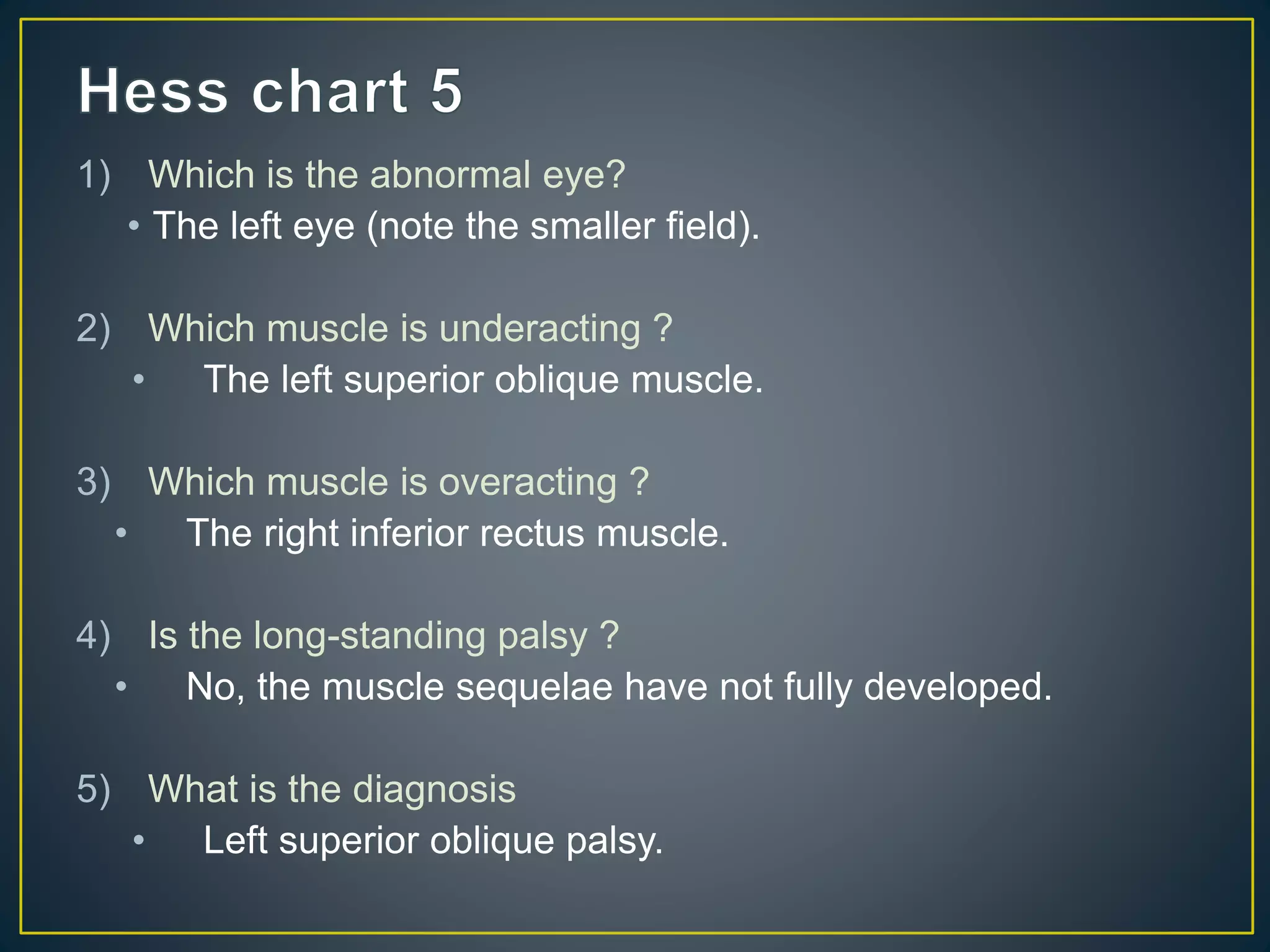 1) Which is the abnormal eye?
• The left eye (note the smaller field).
2) Which muscle is underacting ?
• The left superior oblique muscle.
3) Which muscle is overacting ?
• The right inferior rectus muscle.
4) Is the long-standing palsy ?
• No, the muscle sequelae have not fully developed.
5) What is the diagnosis
• Left superior oblique palsy.
 