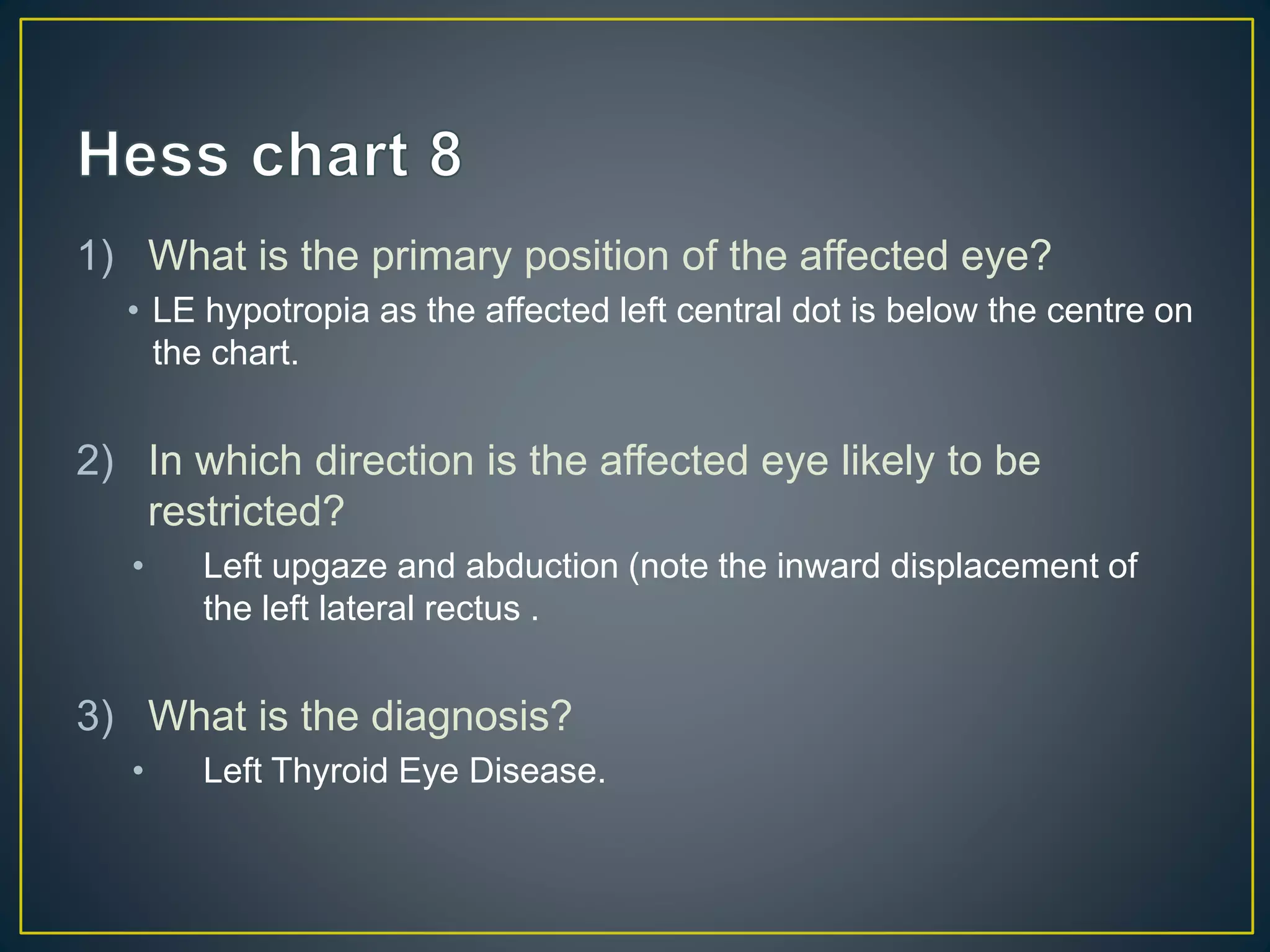 1) What is the primary position of the affected eye?
• LE hypotropia as the affected left central dot is below the centre on
the chart.
2) In which direction is the affected eye likely to be
restricted?
• Left upgaze and abduction (note the inward displacement of
the left lateral rectus .
3) What is the diagnosis?
• Left Thyroid Eye Disease.
 