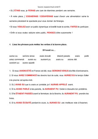 Source: espacevirtuel.emdl.fr
• Si j' ÉTAIS vous, je FERAIS une cure de vitamines pendant une semaine.
• À votre place, j’ ESSAIERAIS / ESSAYERAIS aussi d'avoir une alimentation saine la
semaine précédant le spectacle pour vous donner de l'énergie.
• Si vous VOULEZavoir un public dynamique et éveillé toute la soirée, FAITES-le participer.
• Enfin si vous voulez séduire votre public, PENSEZ à être surprenante !
4. Lisez les phrases puis mettez les verbes à la bonne place.
S'il avait vu…
auriez eu serions venus avais écouté étaient passés avais parlé
aviez commencé aurais eu auraient pu avais su avions été
auraient pu aurais appelé
1. Si nous AVIONS ÉTÉ en France cet été, nous SERIONS VENUS àta fête d'anniversaire.
2. Si vous AVIEZ COMMENCÉ les devoirs tout de suite, vous AURIEZ EU le temps d'aller
à la piscine cet après-midi.
3. Si j' AVAIS SU que tu avais un portable, je t' AURAIS APPELÉ avant.
4. Si tu AVAIS PARLÉ à tes parents, ils AURAIENT PU t'aider à résoudre ton problème.
5. S'ils ÉTAIENT PASSÉS avant la fermeture de la librairie, ils AURAIENT PU prendre les
livres.
6. Si tu AVAIS ÉCOUTÉ pendant le cours, tu AURAIS EU une meilleure note à l'examen.
 