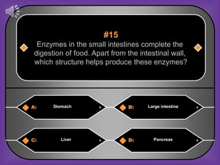 #15
  Enzymes in the small intestines complete the
 digestion of food. Apart from the intestinal wall,
 which structure helps produce these enzymes?




A:     Stomach                 B:     Large intestine




C:       Liver                 D:       Pancreas
 