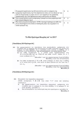 [28]
37.
Η γραφική παράσταση της | 𝑓| αποτελείται από τα τμήματα της
γραφικής παράστασης της f που βρίσκονται πάνω απ τον άξονα xx΄ και
από τα συμμετρικά, ως προς τον xx΄ των τμημάτων της γραφικής
παράστασης της f που βρίσκονται κάτω από αυτόν τον άξονα.
Σ Λ
38. Ένα τοπικό μέγιστο μιας συνάρτησης f μπορεί να είναι μικρότερο από
ένα τοπικό ελάχιστο της f.
Σ Λ
39.
Μια πολυωνυμική συνάρτηση f : RR , διατηρεί πρόσημο σε κάθε ένα
απ τα διαστήματα στα οποία οι διαδοχικές ρίζες της f χωρίζουν το
πεδίο ορισμού της.
Σ Λ
Το Νέο Ερώτημα Θεωρίας απ΄ το 2017
[ Πανελλήνιες 2019 Ερώτημα Α4 ]
[ Πανελλήνιες 2018 Ερώτημα Α2 ]
 
