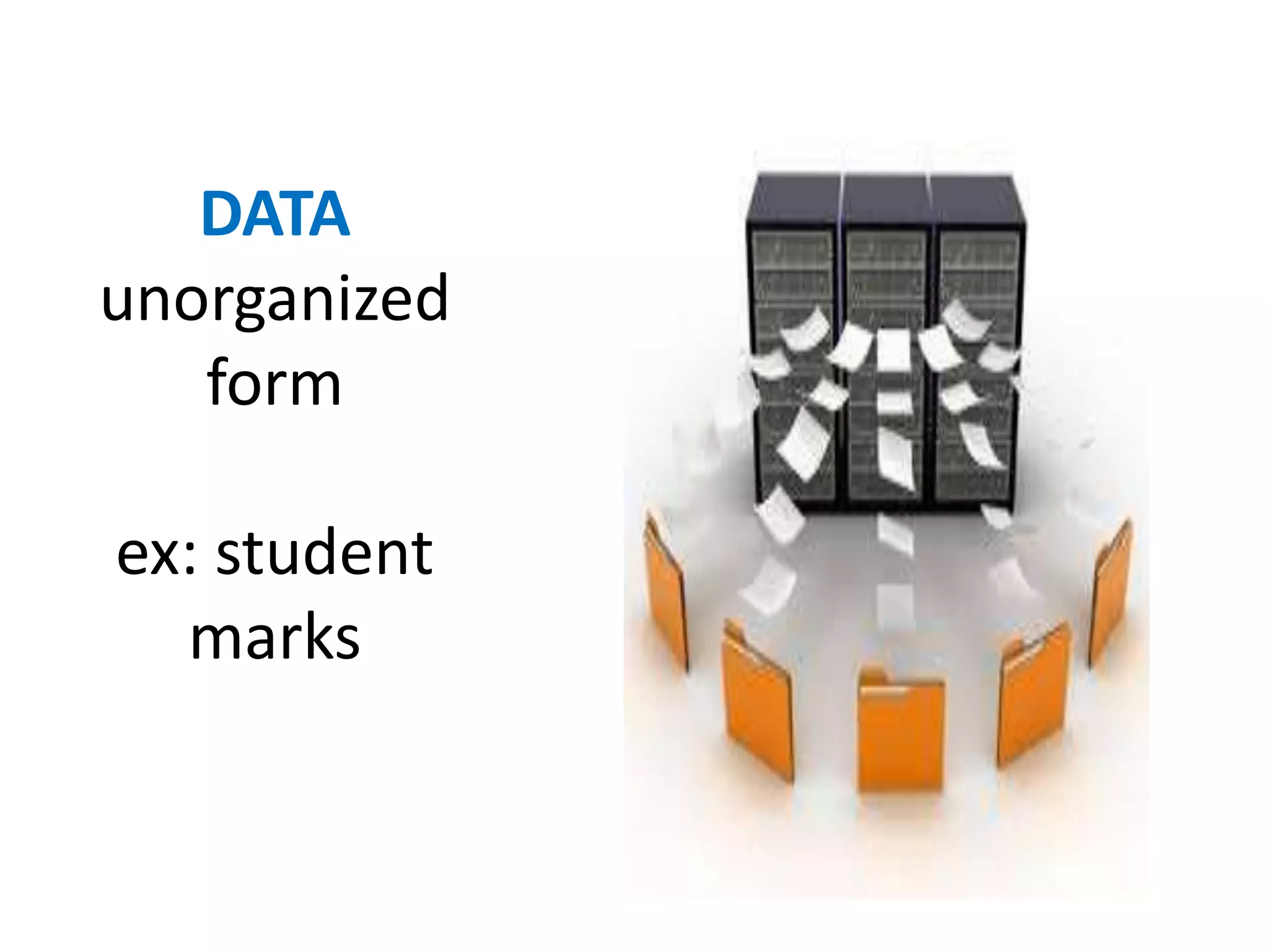 DATA 
unorganized 
form 
ex: student 
marks 
 