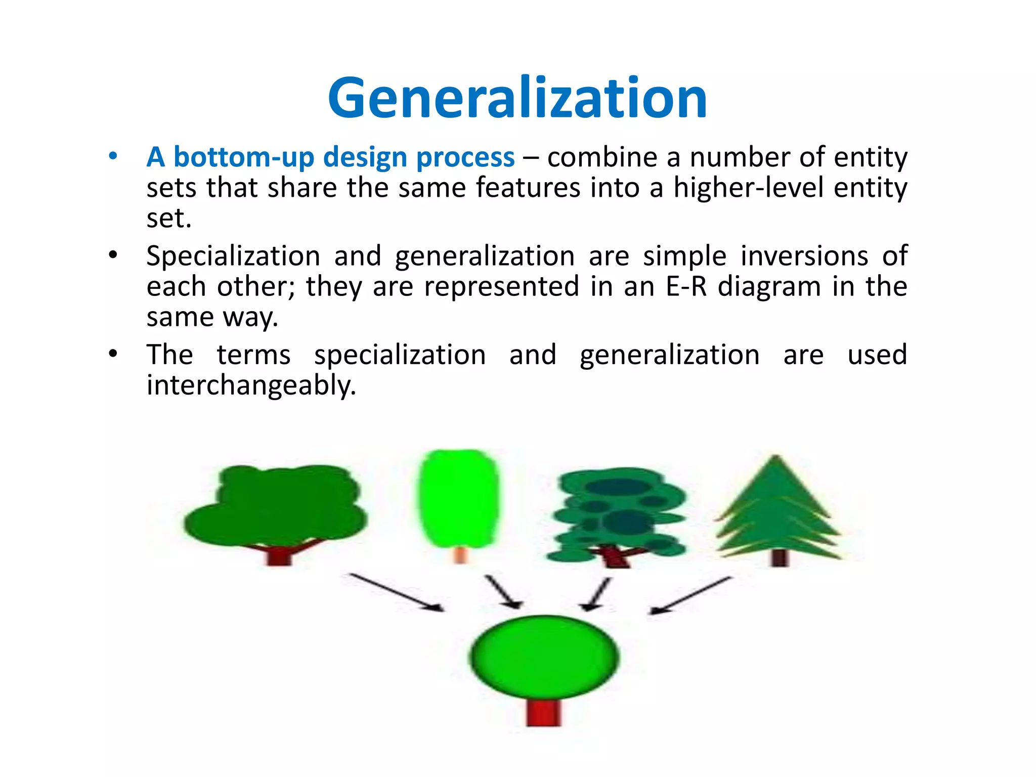 Generalization 
• A bottom-up design process – combine a number of entity 
sets that share the same features into a higher-level entity 
set. 
• Specialization and generalization are simple inversions of 
each other; they are represented in an E-R diagram in the 
same way. 
• The terms specialization and generalization are used 
interchangeably. 
 