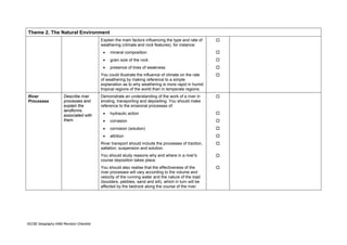 Theme 2. The Natural Environment
                                          Explain the main factors influencing the type and rate of
                                          weathering (climate and rock features), for instance:
                                           •   mineral composition
                                           •   grain size of the rock
                                           •   presence of lines of weakness
                                          You could illustrate the influence of climate on the rate
                                          of weathering by making reference to a simple
                                          explanation as to why weathering is more rapid in humid
                                          tropical regions of the world than in temperate regions.
River                 Describe river      Demonstrate an understanding of the work of a river in
Processes             processes and       eroding, transporting and depositing. You should make
                      explain the         reference to the erosional processes of:
                      landforms
                      associated with      •   hydraulic action
                      them.                •   corrasion
                                           •   corrosion (solution)
                                           •   attrition
                                          River transport should include the processes of traction,
                                          saltation, suspension and solution.
                                          You should study reasons why and where in a river's
                                          course deposition takes place.
                                          You should also realise that the effectiveness of the
                                          river processes will vary according to the volume and
                                          velocity of the running water and the nature of the load
                                          (boulders, pebbles, sand and silt), which in turn will be
                                          affected by the bedrock along the course of the river.




IGCSE Geography 0460 Revision Checklist
 
