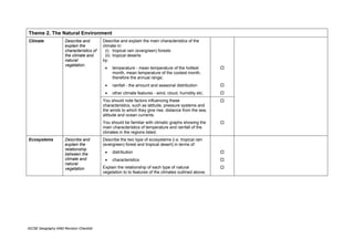 Theme 2. The Natural Environment
Climate               Describe and         Describe and explain the main characteristics of the
                      explain the          climate in:
                      characteristics of    (i) tropical rain (evergreen) forests
                      the climate and       (ii) tropical deserts
                      natural              by:
                      vegetation.
                                            •   temperature - mean temperature of the hottest
                                                month, mean temperature of the coolest month,
                                                therefore the annual range;
                                            •   rainfall - the amount and seasonal distribution
                                            •   other climate features - wind, cloud, humidity etc.
                                           You should note factors influencing these
                                           characteristics, such as latitude, pressure systems and
                                           the winds to which they give rise, distance from the sea,
                                           altitude and ocean currents.
                                           You should be familiar with climatic graphs showing the
                                           main characteristics of temperature and rainfall of the
                                           climates in the regions listed.
Ecosystems            Describe and         Describe the two type of ecosystems (i.e. tropical rain
                      explain the          (evergreen) forest and tropical desert) in terms of:
                      relationship
                      between the           •   distribution
                      climate and           •   characteristics
                      natural
                      vegetation           Explain the relationship of each type of natural
                                           vegetation to to features of the climates outlined above.




IGCSE Geography 0460 Revision Checklist
 