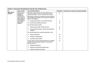 Theme 3. Economic Development and the Use of Resources
3.1                   Topic outline       You should be able to:                                  Checklist   Comments or named case study examples
Agricultural
                      Describe and        Describe in general terms the main features of an
systems
                      identify the        agricultural system: inputs, processes and outputs.
                      influence of
                                          Describe the influence of natural and human inputs on
                      inputs (natural
                                          the processes and outputs of the agricultural systems
                      and human) on
                                          listed in the Syllabus:
                      the processes
                      and outputs of       (i) a large-scale system of commercial farming
                      agricultural
                      systems.             (ii) small-scale subsistence farming
                                          Your studies should include:
                                           •   natural inputs (relief, climate and soil)
                                           •   human inputs (economic, social and sometimes
                                               political).
                                          You should study their combined influences on the:
                                           •   scale of production
                                           •   methods of organisation
                                           •   products of each system
                                          In each case you should make reference to a detailed
                                          case study of a large-scale system of commercial
                                          farming, such as:
                                           •   plantation agriculture
                                           •   extensive commercial cereal farming
                                           •   extensive livestock production




IGCSE Geography 0460 Revision Checklist
 
