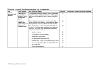 Theme 3. Economic Development and the Use of Resources
3.3                   Topic outline       You should be able to:                                        Checklist   Comments or named case study examples
Leisure
                      Describe and        Describe and explain the growth of leisure facilities and
activities and
                      account for the     tourism in relation to the main attractions of the physical
tourism
                      growth of leisure   and human landscape in an area or areas selected for
                      facilities and      study.
                      tourism
                      Assess the          Demonstrate an understanding that the effects of a
                      benefits and        growth in tourism are generally positive and that careful
                      disadvantages of    management is needed if problems are to be avoided.
                      tourism to
                                          You should select a sample study to illustrate both the
                      receiving areas.
                                          benefits and disadvantages associated with the growth
                                          of tourism. You could make reference to advantages
                                          accruing from tourism such as:
                                           •   growth in income
                                           •   an increase in foreign exchange
                                           •   employment opportunities
                                           •   the development of infrastructure
                                           •   facilities which may be used by the local population
                                           •   the encouragement of other developments to take
                                               place in an area
                                           •   cultural advantages etc.




IGCSE Geography 0460 Revision Checklist
 