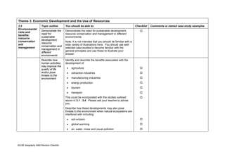 Theme 3. Economic Development and the Use of Resources
3.5                   Topic outline       You should be able to:                                        Checklist   Comments or named case study examples
Environmental
                      Demonstrate the     Demonstrate the need for sustainable development,
risks and
                      need for            resource conservation and management in different
benefits:
                      sustainable         environments.
resource
                      development,
conservation                              Note: It is not intended that you should be familiar with a
                      resource
and                                       wide variety of illustrations here. You should use well-
                      conservation and
management                                selected case studies to become familiar with the
                      management in
                                          general principles and use these to illustrate your
                      different
                                          answer.
                      environments
                      Describe how        Identify and describe the benefits associated with the
                      human activities    development of:
                      may improve the
                      quality of life      •   agriculture
                      and/or pose          •   extractive industries
                      threats to the
                      environment          •   manufacturing industries
                                           •   energy production
                                           •   tourism
                                           •   transport
                                          This could be incorporated with the studies outlined
                                          above in 3.1 - 3.4. Please ask your teacher to advise
                                          you.
                                          Describe how these developments may also pose
                                          threats to the environment when natural ecosystems are
                                          interfered with including:
                                           •   soil erosion
                                           •   global warming
                                           •   air, water, noise and visual pollution




IGCSE Geography 0460 Revision Checklist
 