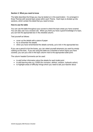 Section 3: What you need to know

The table describes the things you may be tested on in the examination. It is arranged in
three Themes with several topic areas within each Theme. Each topic is divided up into
sections, which contain the detail that you need to know.

How to use the table

You can use the table throughout your course to check the topic areas you have covered.
You can also use it as a revision aid. When you think you have a good knowledge of a topic,
you can tick the appropriate box in the checklist column.

Test yourself as follows:

    •   cover up the details with a piece of paper
    •   try to remember the details
    •   when you have remembered the details correctly, put a tick in the appropriate box

If you use a pencil to tick the boxes, you can retest yourself whenever you want by simply
rubbing out the ticks. If you are using the table as a checklist of which topics you have
covered, you can put a tick in the topic column next to the appropriate bullet point.

The column headed Comments can be used:

    •   to add further information about the details for each bullet point
    •   to add learning aids e.g. CASH (for corrosion, attrition, solution, hydraulic action)
    •   to highlight areas of difficulty/ things which you need to ask your teacher about




IGCSE Geography 0460 Revision Checklist
 