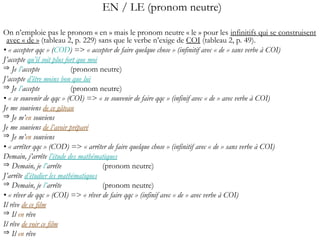 EN / LE (pronom neutre)
On n’emploie pas le pronom « en » mais le pronom neutre « le » pour les infinitifs qui se construisent
avec « de » (tableau 2, p. 229) sans que le verbe n’exige de COI (tableau 2, p. 49).
• « accepter qqc » (COD) => « accepter de faire quelque chose » (infinitif avec « de » sans verbe à COI)
J’accepte qu’il soit plus fort que moi
 Je l’accepte (pronom neutre)
J’accepte d’être moins bon que lui
 Je l’accepte (pronom neutre)
• « se souvenir de qqc » (COI) => « se souvenir de faire qqc » (infinif avec « de » avec verbe à COI)
Je me souviens de ce gâteau
 Je m’en souviens
Je me souviens de l’avoir préparé
 Je m’en souviens
• « arrêter qqc » (COD) => « arrêter de faire quelque chose » (infinitif avec « de » sans verbe à COI)
Demain, j’arrête l’étude des mathématiques
 Demain, je l’arrête (pronom neutre)
J’arrête d’étudier les mathématiques
 Demain, je l’arrête (pronom neutre)
• « rêver de qqc » (COI) => « rêver de faire qqc » (infinif avec « de » avec verbe à COI)
Il rêve de ce film
 Il en rêve
Il rêve de voir ce film
 Il en rêve
 