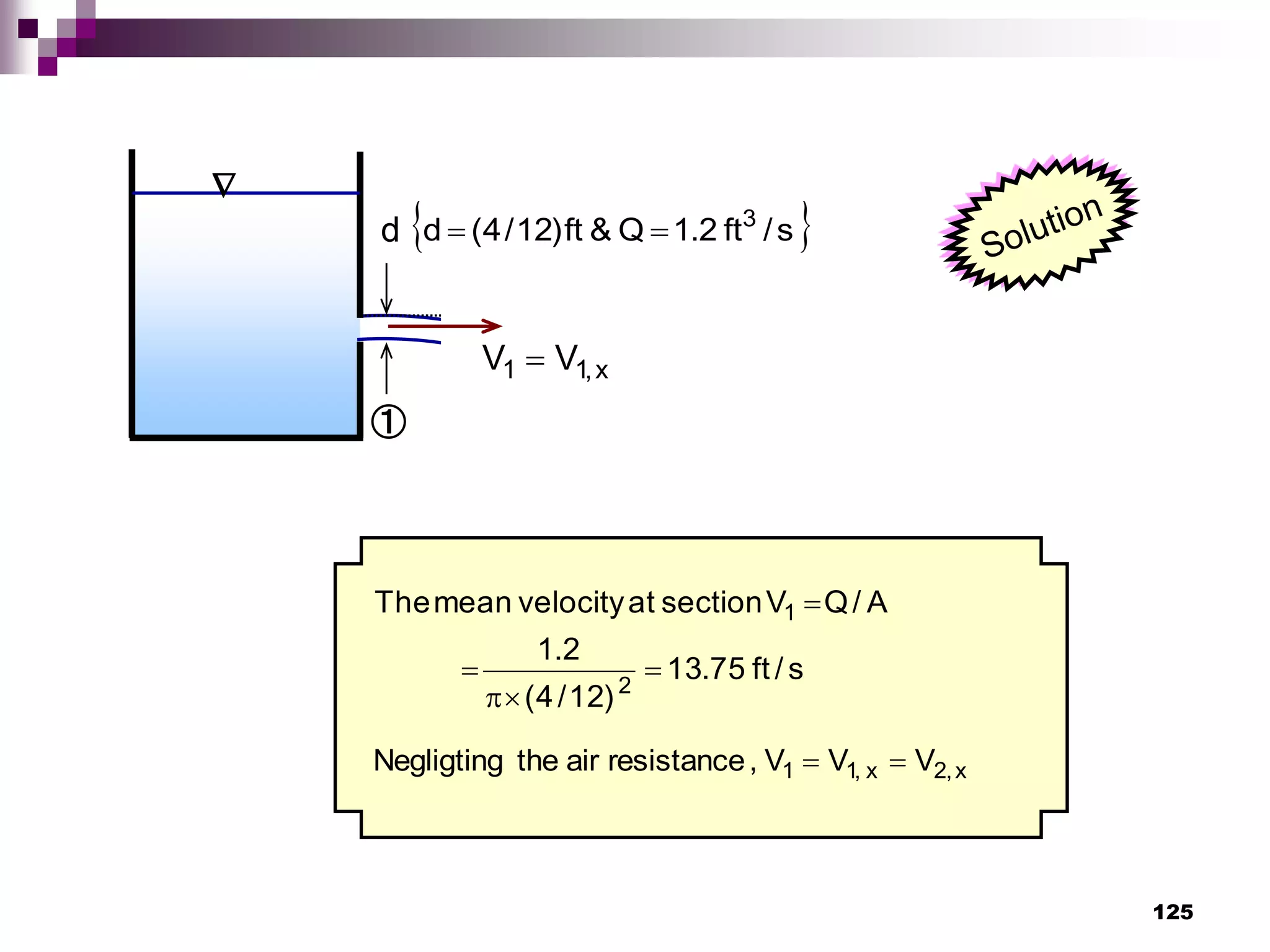 125


d
ft
90
.
0
h 
ft
0
.
1
H 
②
①
A
B
 
s
/
ft
2
.
1
Q
&
ft
)
12
/
4
(
d 3


x
,
1
1 V
V 
s
/
ft
75
.
13
)
12
/
4
(
2
.
1
A
/
Q
V
section
at
velocity
mean
The
2
1





V
V
V
,
resistance
air
the
Negligting x
,
2
x
,
1
1 

 