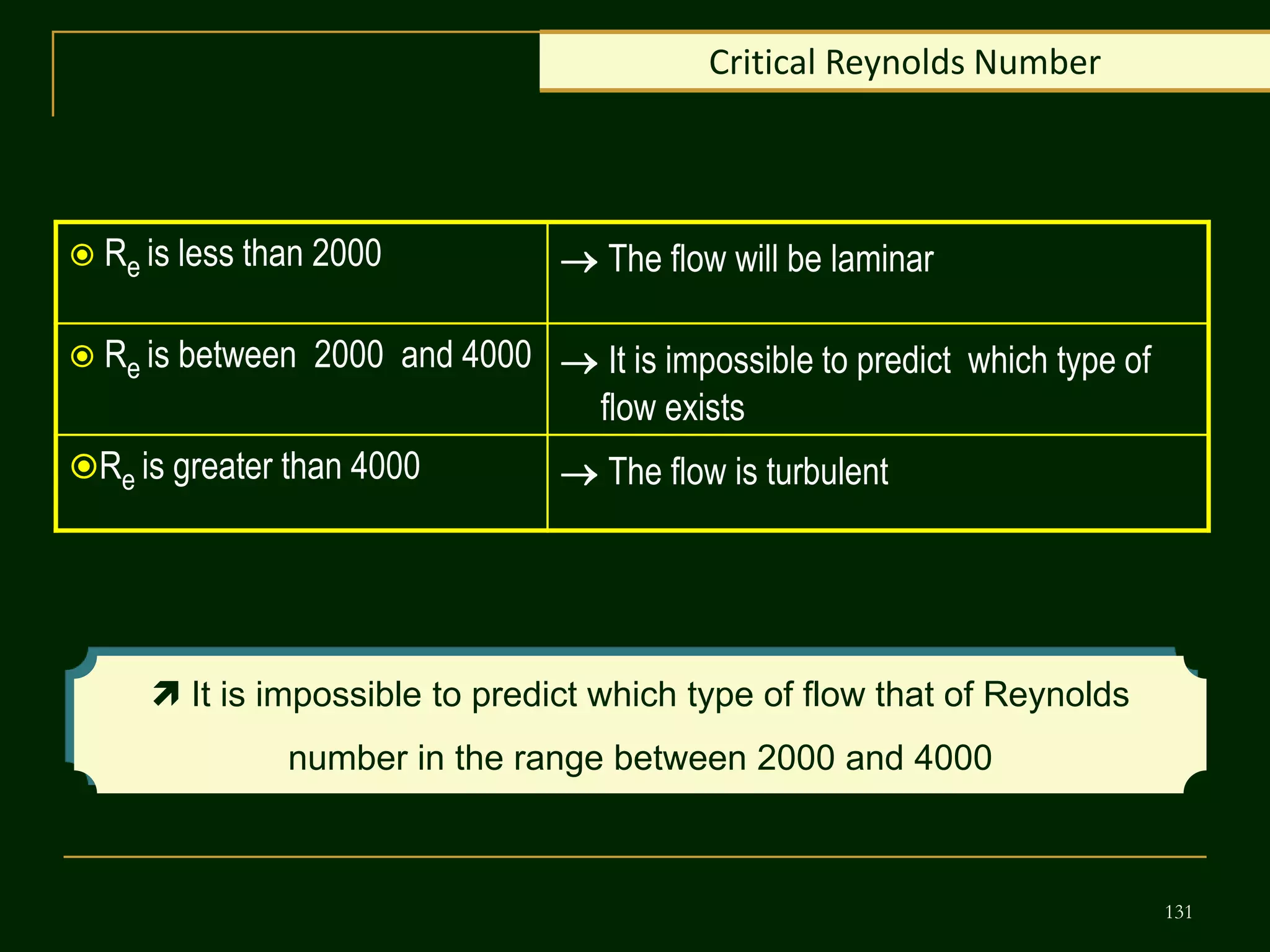 131
Critical Reynolds Number
 Re is less than 2000  The flow will be laminar
 Re is between 2000 and 4000  It is impossible to predict which type of
flow exists
Re is greater than 4000  The flow is turbulent
 It is impossible to predict which type of flow that of Reynolds
number in the range between 2000 and 4000
 