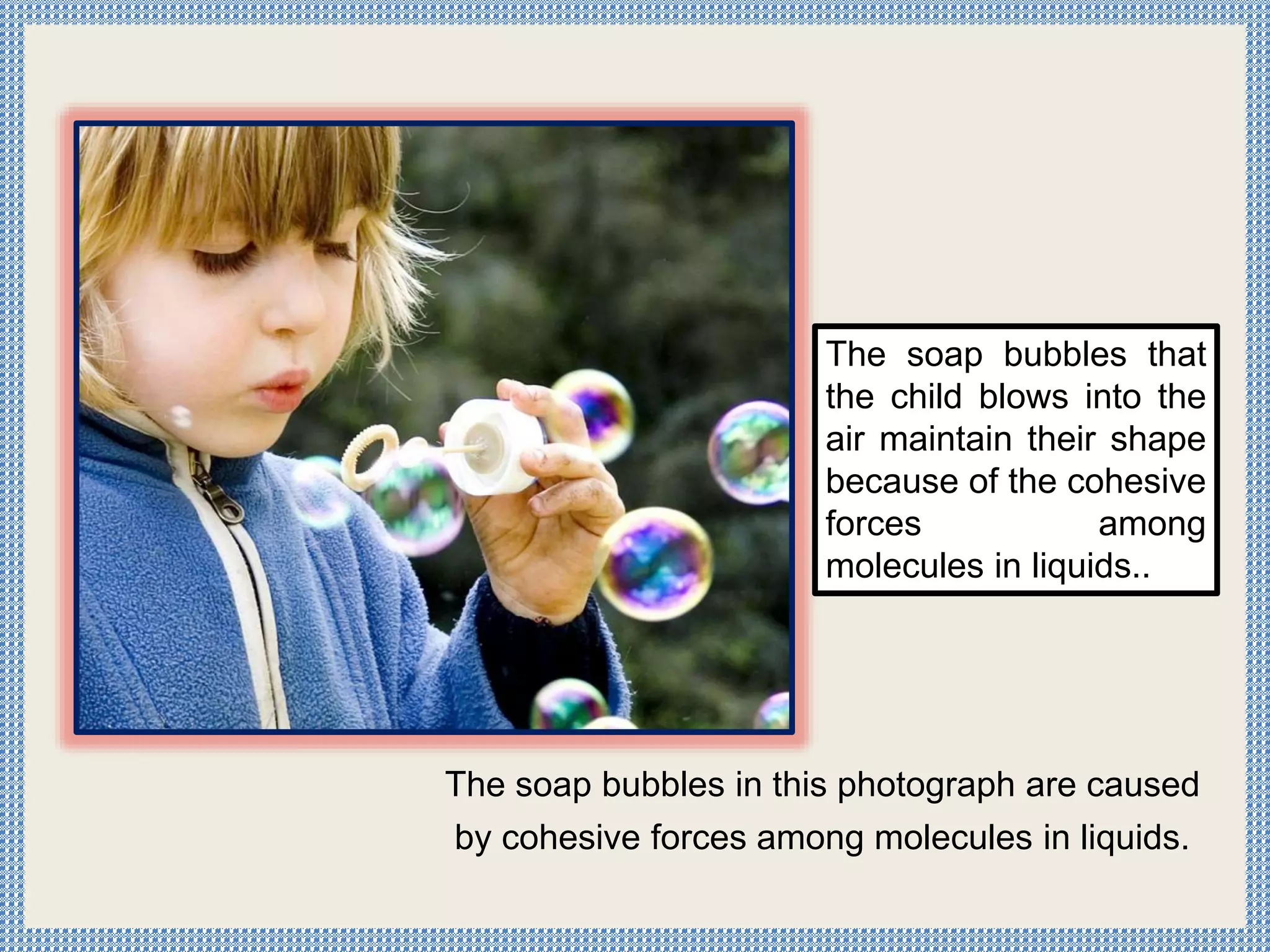 The soap bubbles in this photograph are caused
by cohesive forces among molecules in liquids.
The soap bubbles that
the child blows into the
air maintain their shape
because of the cohesive
forces among
molecules in liquids..
 