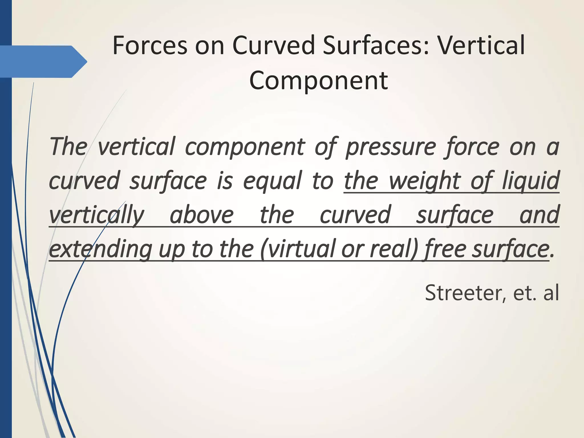 Forces on Curved Surfaces: Vertical
Component
The vertical component of pressure force on a
curved surface is equal to the weight of liquid
vertically above the curved surface and
extending up to the (virtual or real) free surface.
Streeter, et. al
 
