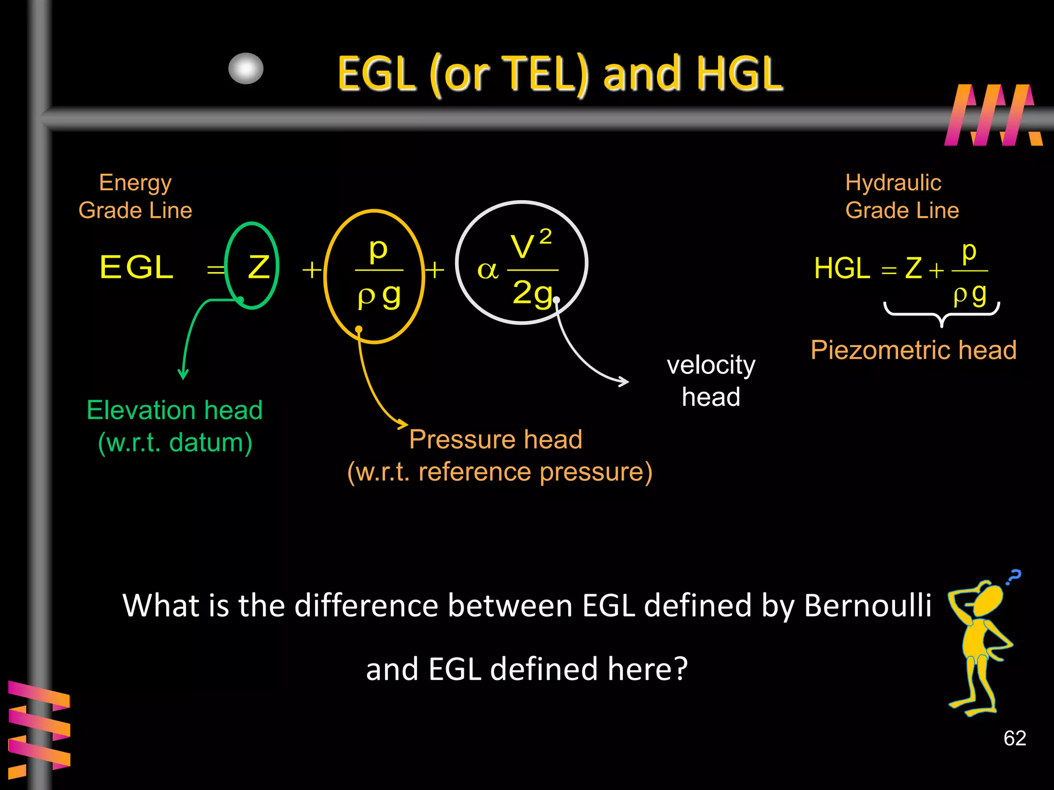 62
g
2
V
g
p
Z
EGL
2





Pressure head
(w.r.t. reference pressure)
EGL (or TEL) and HGL
velocity
head
Elevation head
(w.r.t. datum)
Piezometric head
Energy
Grade Line
Hydraulic
Grade Line
What is the difference between EGL defined by Bernoulli
and EGL defined here?
g
p
Z
HGL



 