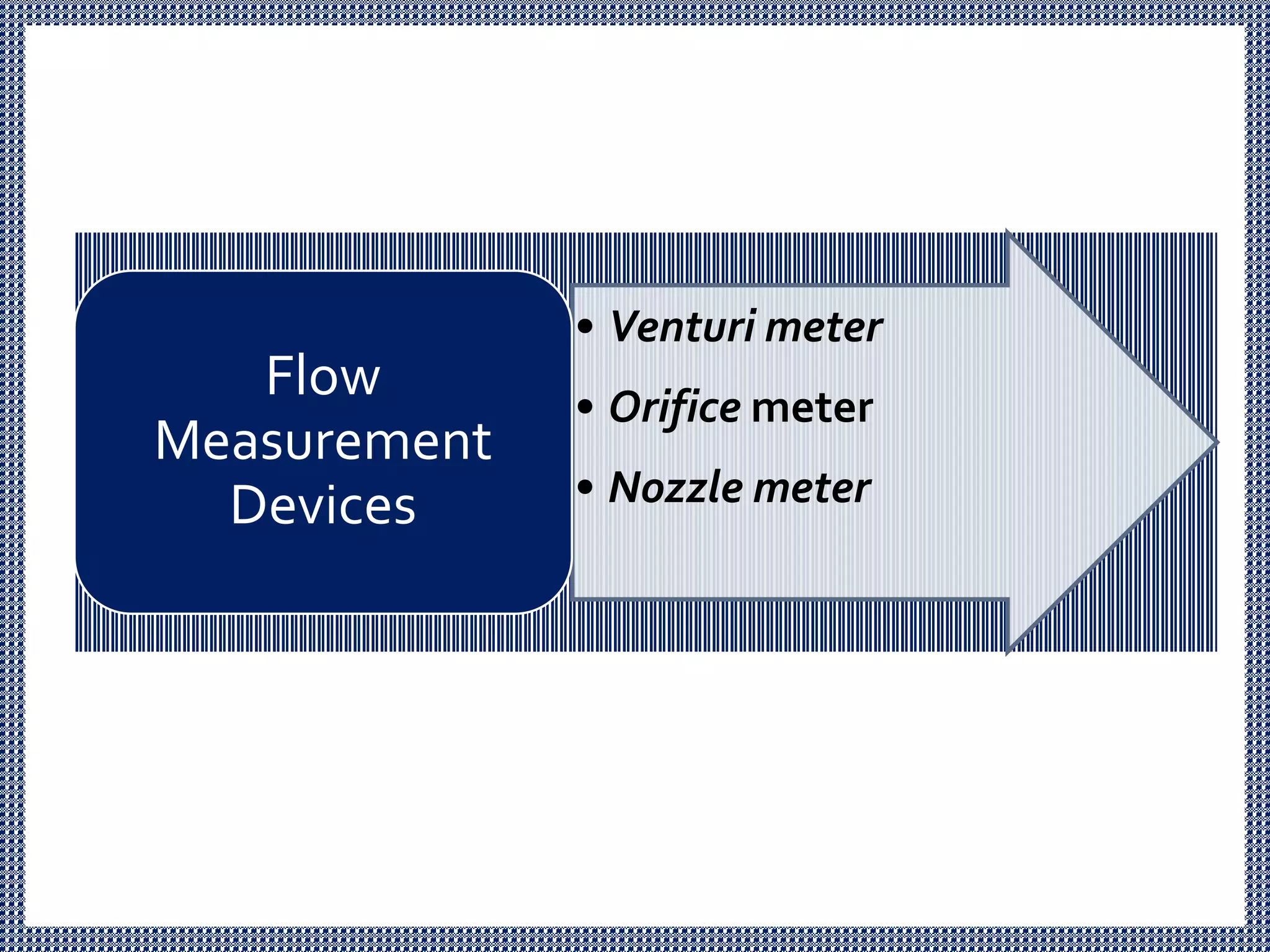 • Venturi meter
• Orifice meter
• Nozzle meter
Flow
Measurement
Devices
 