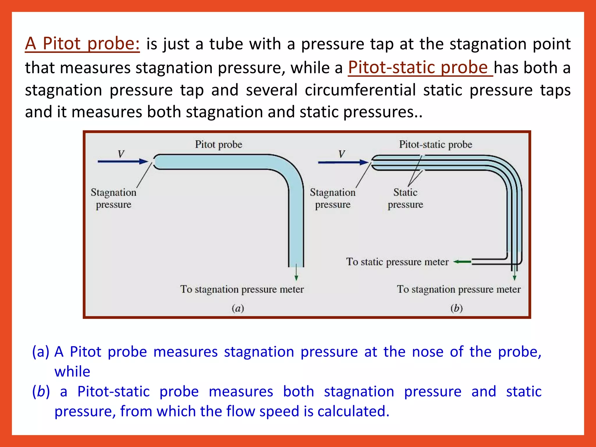 A Pitot probe: is just a tube with a pressure tap at the stagnation point
that measures stagnation pressure, while a Pitot-static probe has both a
stagnation pressure tap and several circumferential static pressure taps
and it measures both stagnation and static pressures..
(a) A Pitot probe measures stagnation pressure at the nose of the probe,
while
(b) a Pitot-static probe measures both stagnation pressure and static
pressure, from which the flow speed is calculated.
 