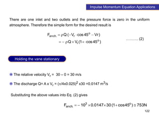 122
Impulse Momentum Equation Applications
 The relative velocity Vr = 30 – 0 = 30 m/s
 The discharge Q= A x Vr = (/4x0.025)2 x30 =0.0147 m3/s
There are one inlet and two outlets and the pressure force is zero in the uniform
atmosphere. Therefore the simple form for the desired result is
)
45
cos
1
(
V
Q
)
Vr
45
cos
V
(
Q
F
o
r
o
r
.
anch











………. (2)
Substituting the above values into Eq. (2) gives
N
753
)
45
cos
1
(
30
0147
.
0
10
F o
3
.
anch 





Holding the vane stationary
 