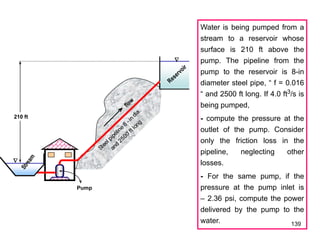 139


flow
Reservoir
S
t
r
e
a
m
Pump
Steel pipeline
8
-in
dia.
and
2500
ft long
210 ft
Water is being pumped from a
stream to a reservoir whose
surface is 210 ft above the
pump. The pipeline from the
pump to the reservoir is 8-in
diameter steel pipe, “ f = 0.016
“ and 2500 ft long. If 4.0 ft3/s is
being pumped,
- compute the pressure at the
outlet of the pump. Consider
only the friction loss in the
pipeline, neglecting other
losses.
- For the same pump, if the
pressure at the pump inlet is
– 2.36 psi, compute the power
delivered by the pump to the
water.
 