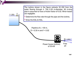 147
 (30)
 (00)
Power house (turbine)
of 35 kW
Pipeline of L = 90 m,
D = 0.30 m and f = 0.02
1
2
Free
jet
The turbine shown in the figure extracts 35 KW from the
water flowing through it. The 0.30 m-diameter, 90 m-long
pipe is assumed to have a friction factor of 0.02. Minor losses
are negligible.
• Determine the flow rate through the pipe and the turbine,
• Draw the EGL & HGL.
 