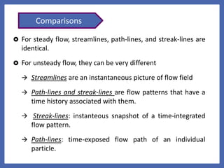  For steady flow, streamlines, path-lines, and streak-lines are
identical.
 For unsteady flow, they can be very different
 Streamlines are an instantaneous picture of flow field
 Path-lines and streak-lines are flow patterns that have a
time history associated with them.
 Streak-lines: instanteous snapshot of a time-integrated
flow pattern.
 Path-lines: time-exposed flow path of an individual
particle.
Comparisons
 