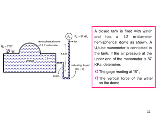 32
A closed tank is filled with water
and has a 1.2 m-diameter
hemispherical dome as shown. A
U-tube manometer is connected to
the tank. If the air pressure at the
upper end of the manometer is 87
KPa, determine:
3)
(SG
Liquid
indicating

m
5
.
1
m
6
.
0
m
6
.
0
Water
diameter
m
1.2
f
o
dome
cal
Hemispheri Air
A
P
????
PB 
a
A kP
87
P 
"
B
"
The gage reading at “B” ,
The vertical force of the water
on the dome
 